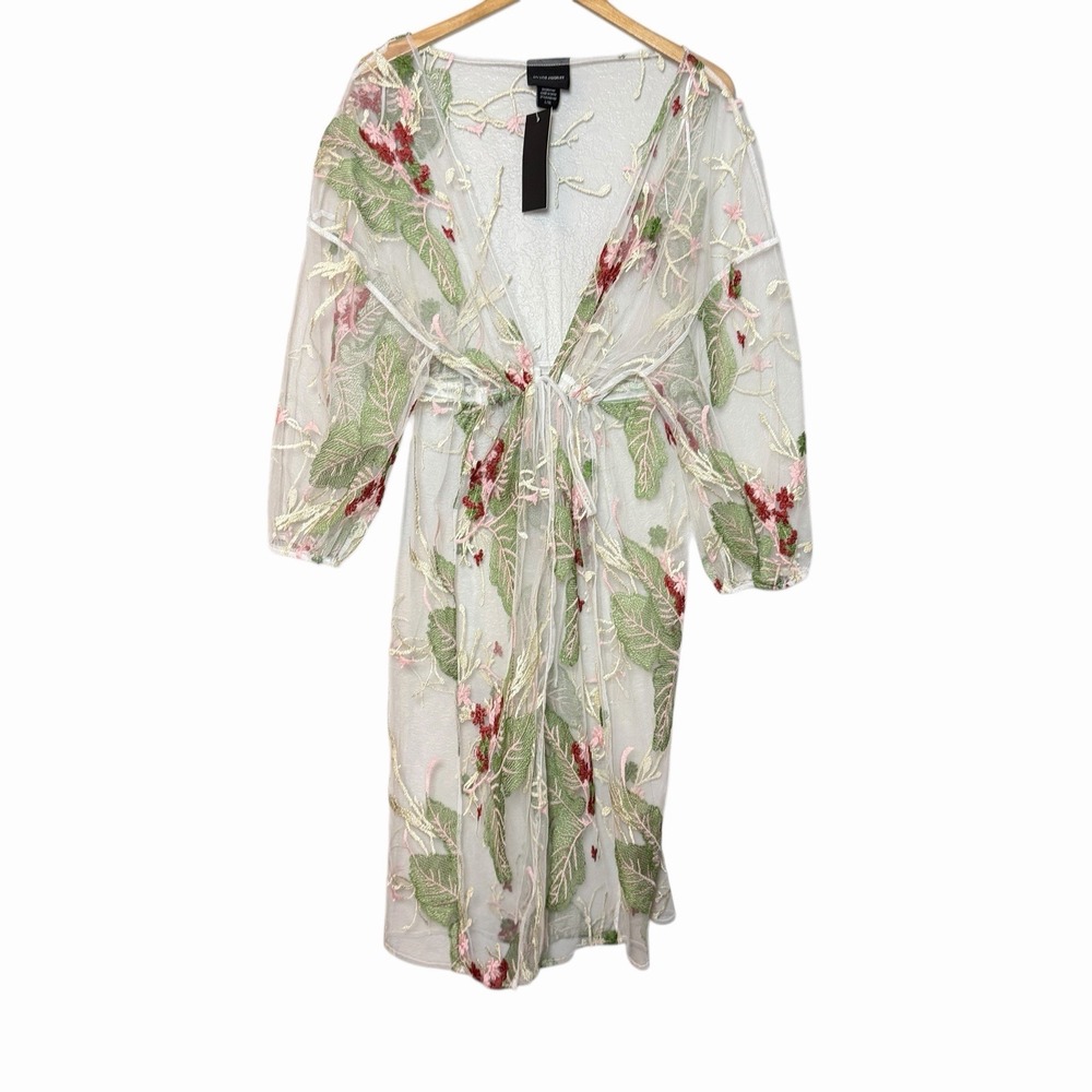 Anthropologie LIV Women's Floral Embroidered Mesh Kimono Sheer‎ Tie Front L/XL